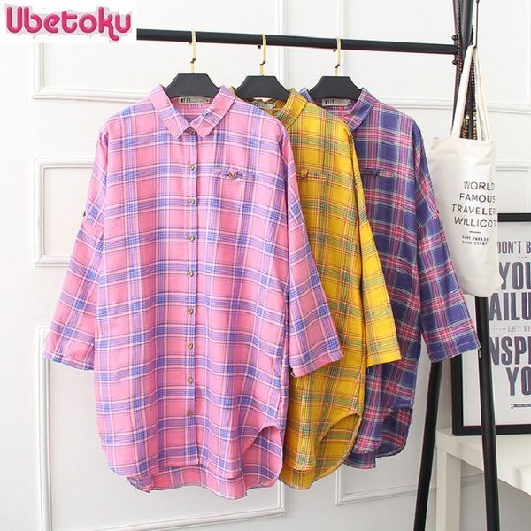 

ubetoku 2018 winter spring women plaid blouse ladies raglan shirts cotton long 6xl plus size fashion women clothing, White