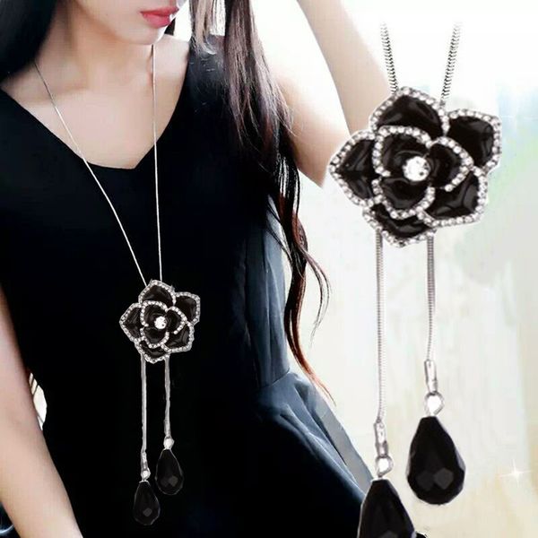 

duotang fashion black jasmine flower pendant necklaces for women silver plated rhinestone enamel necklaces classic jewelry