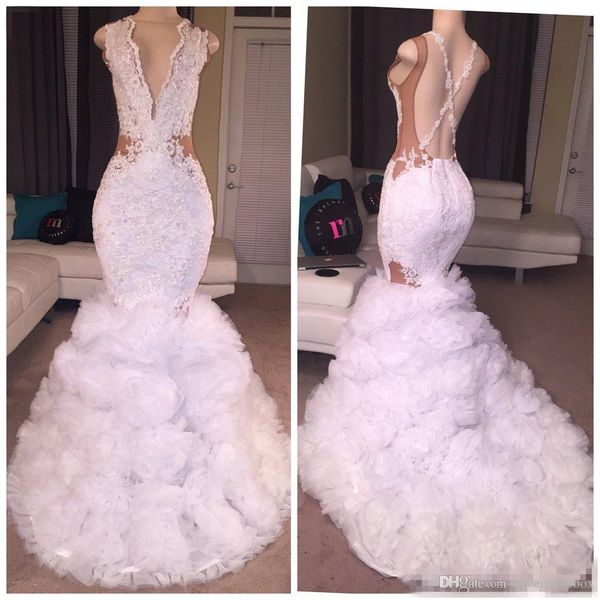 

designer lace mermaid prom dresses plunging v neck puffy skirt criss cross backless long train party evening gowns, Black