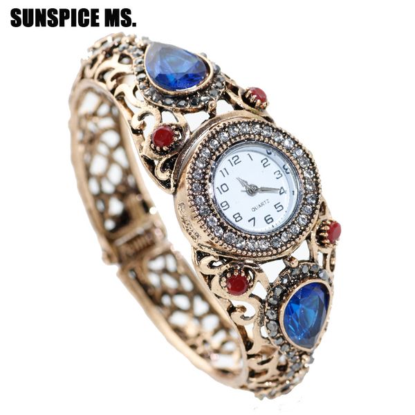 

sunspicems turkish women retro vintage bangle watch resin cuff quartz wristwatch antique gold color dubai ethnic wedding jewelry, Black