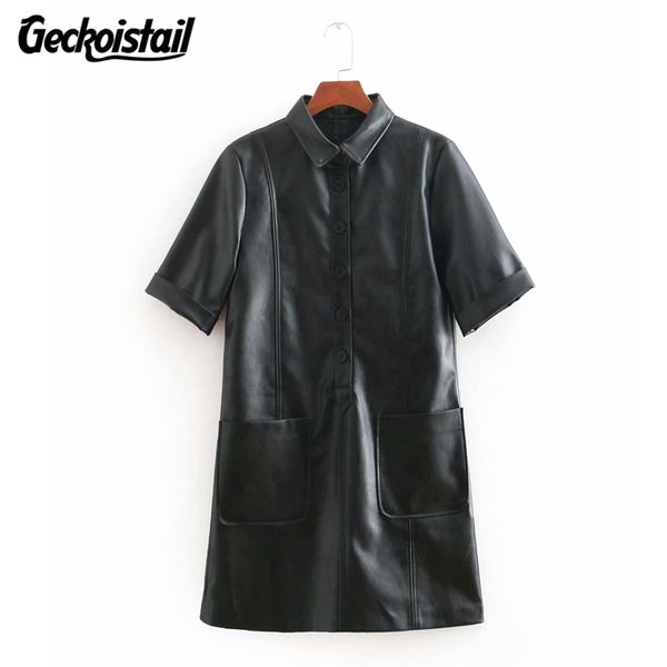 

geckoistail 2018 women casual solid leather summer mini dress short sleeve button pocket female black high waist dresses vestido, White;black