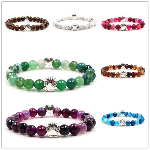 

8mm colourful natural stone beads bracelets dog cat footprint paw heart charms bracelet pet lover strench jewelry, Black