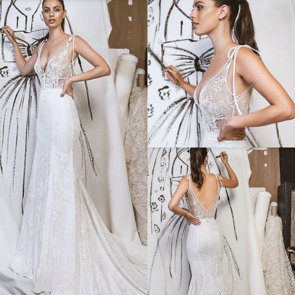 

illusion mermaid wedding dresses spaghetti straps lace applique bridal gowns designer wedding dress vestidos de novia, White