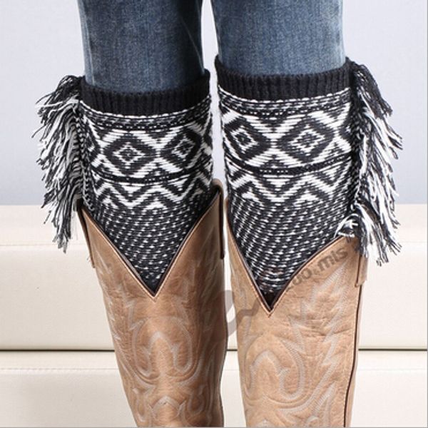 

2016 new 5 pairs/lot women knitting boot cuffs bohemian tassels warm leg warmer for ladies, Black;white