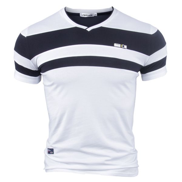 

summer 2018 men's short sleeve v-neck t-shirt stripes leisure slim cotton t-shirt, White;black