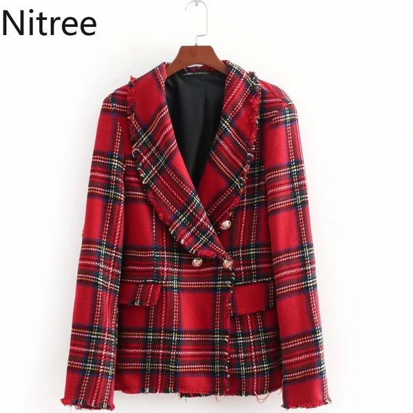

red and green scottish tartan green collar pearl button short tassel long sleeve thick coat fashion shirt women's clothing, Black;brown