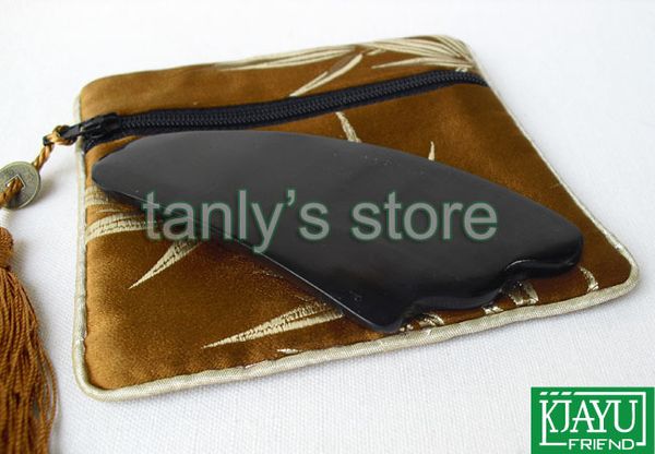 

good quantity wholesale & retail ox horn shape buffalo horn massage guasha board beauty face scrapping plate with beauty bag