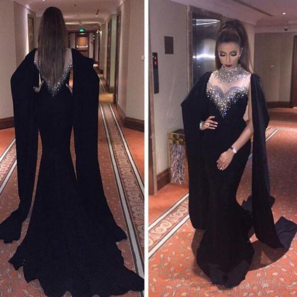 

2019 Newest High Neck Black Mermaid Prom Dresses Beaded Crystals Muslim Saudi Arabia Formal Evening Prom Gowns Party Dresses Robe de soiree