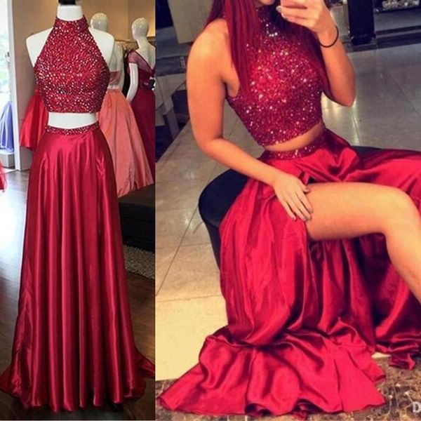 

shinning two pieces prom dresses high neck crystal beading dark red hollow back side split evening gowns long formal cocktail party dress, Black