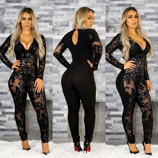 

slim-fitted sequins perspective deep v-piece suit nightclub service women's jumpsuits rompers women's long pants trousers, Black;white