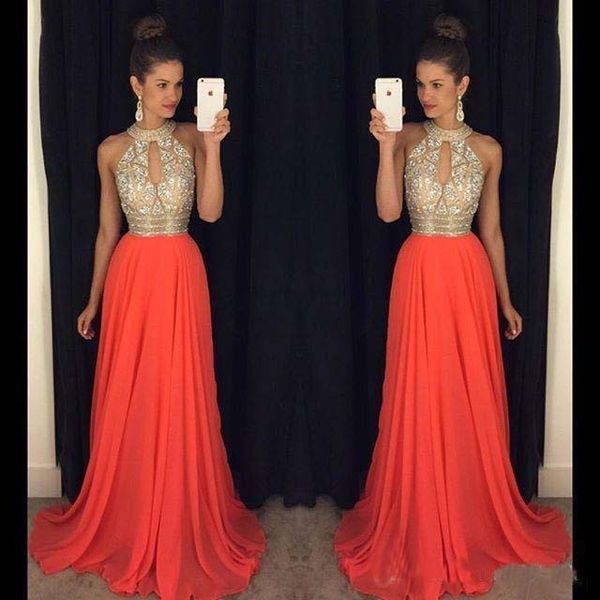 

Prom Dresses 2018 High Neck Cheap Bridesmaid Dresses Orange Long Dresses Evening Wear Custom Made Prom Party Gowns