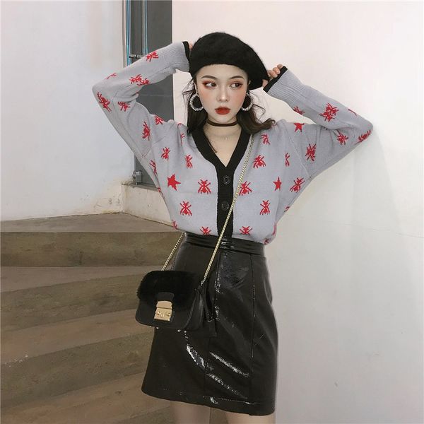 

lazy wind, five pointed star spiders, color printing, v collar jacquard knitted cardigan, women's autumn long sleeved sweater, White;black