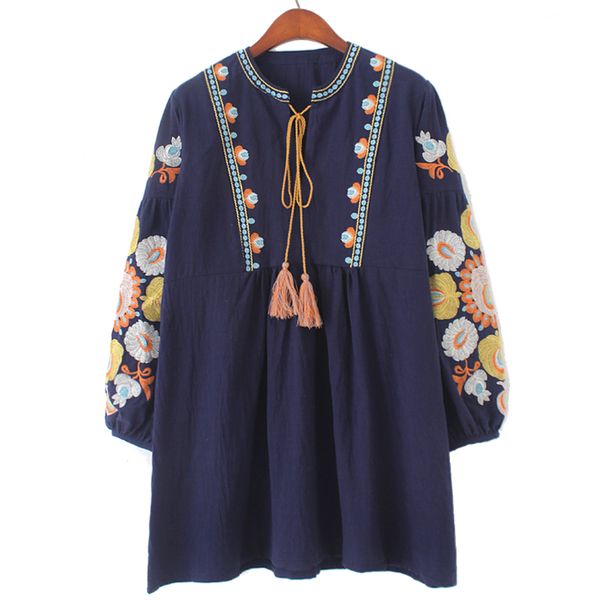 

2017 new cotton with tassel bohemian boho blouses loose pattern wide fit embroidery on sleeve with flowers whole sale, White
