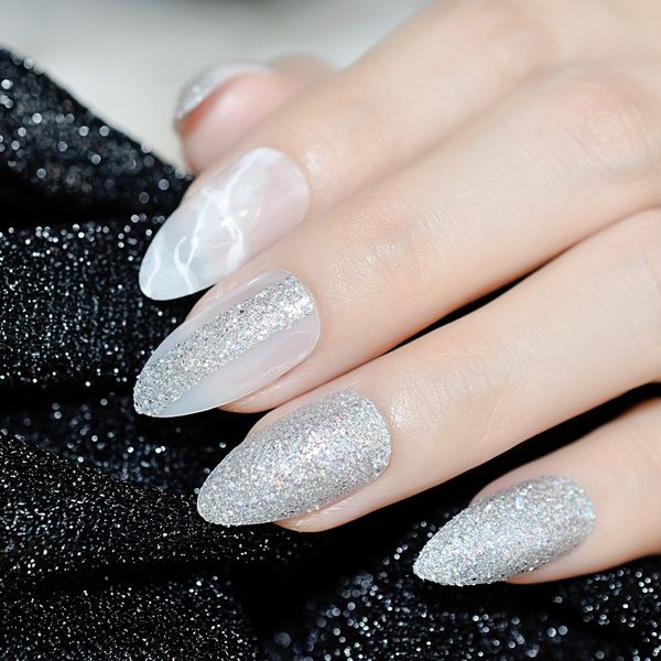 

white jade marble pointed stiletto sharp false nail art tips holo chrome glitter oval almond press on finger fake nails manicure, Red;gold