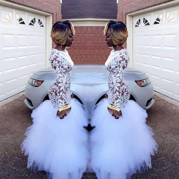 

african white lace mermaid prom dresses black girls long sleeves ruffles tulle floor length plus size evening wear prom gowns vestidos