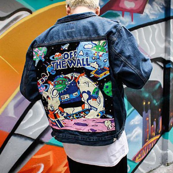 

brand new denim jacket men japan style graffiti vintage patch designs denim jackets for men hip hop streetwear, Black;brown