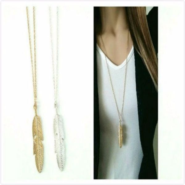 

women feather pendant long chain necklace sweater statement vintage jewelry, Silver