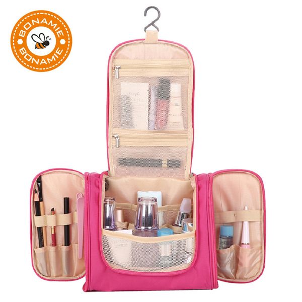 

bonamie functional travel cosmetic bag solid color women zipper makeup box hanging toiletry wash storage case beauty make up bag