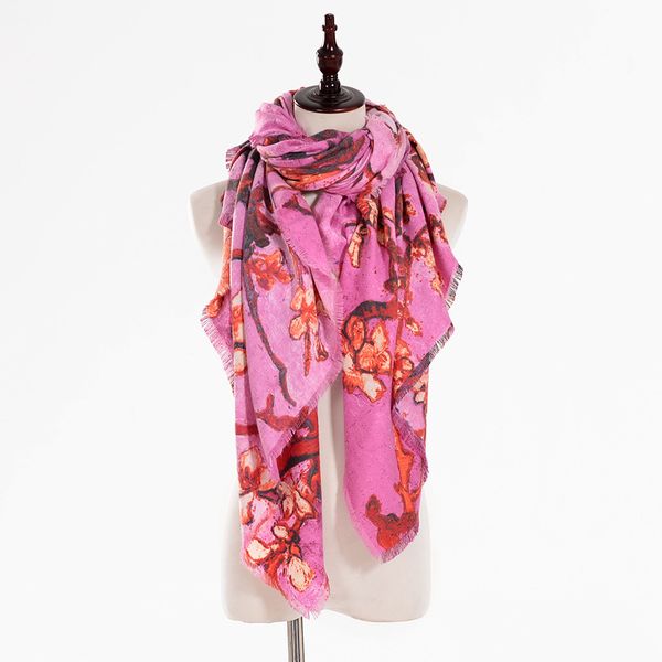 

square women warm winter floral print wool pashmina cashmere design luxury thick plum blossom pattern stoles shawls scarves 130*130 dropship, Blue;gray