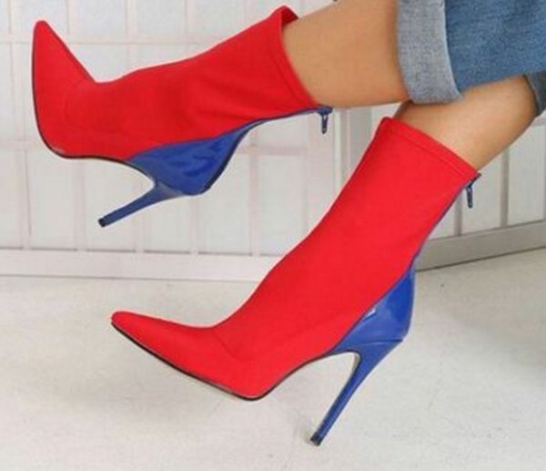 

2018 europe and the united states foreign trade large size women's boots pointed stretch cloth high-heeled women's boots color mat, Black