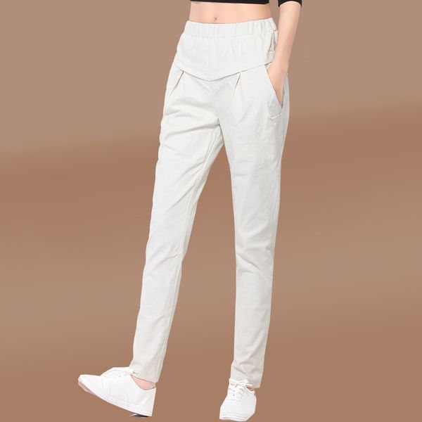 

2018 solid elastic waist white women cotton linen ankle-length pants loose casual summer harem pant plus size 3xl, Black;white