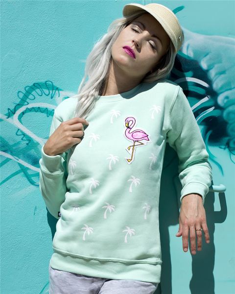 

Women Long Sleeve Pullover Pink Flamingo Pattern Decorated Fresh Mint Green O Neck Sweatshirts Spring and Autumn Long Sleeved T Shirts