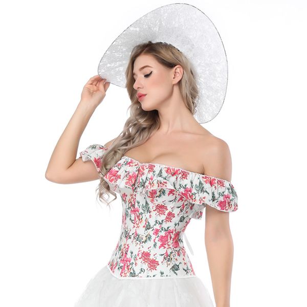 

floral bustier women's off shoulder ruffles corsets and bustiers overbust corsets slimming short sleeve clothes, Black;white