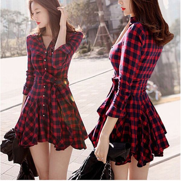

autumn and winter bottoming skirt temperament red plaid long-sleeved dress, Black;gray