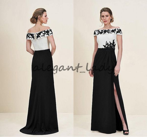 

Black and White Delicate Satin Off-the-shoulder Neckline Sheath/Column Mother Of The Bride Groom Dresses With Beaded Lace Appliques