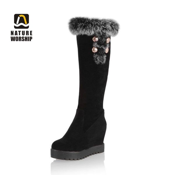 

winter women fashion casual wedges heel knee-high long boots round toe fur plush fleeces inside platform height increasing solid, Black