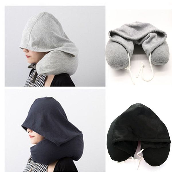 

soft hooded u-pillow body neck pillow solid grey nap cotton particle pillow textile home airplane car travel accessories
