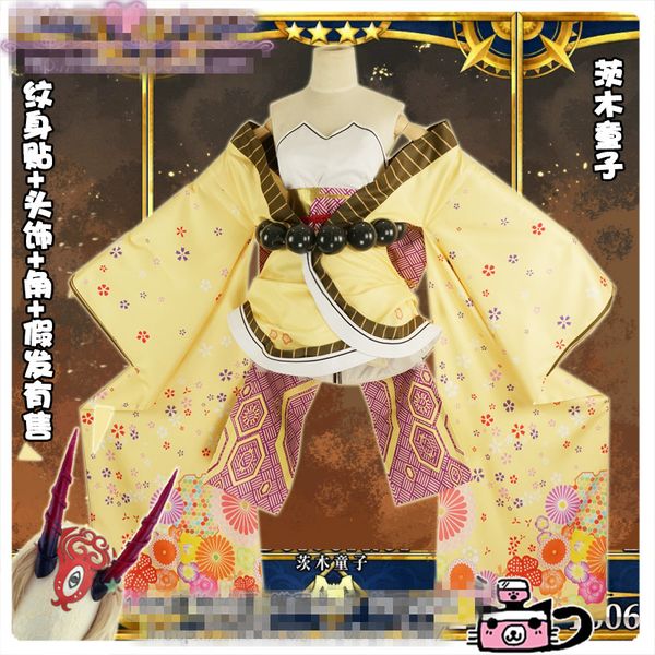 

anime fate/grand order ibaraki douji cosplay costume halloween uniform kimono+beads+bow+headband custom-made, Black