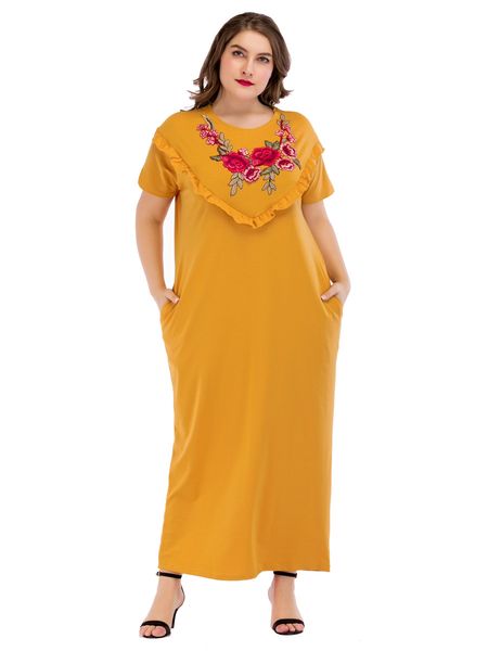 

185215 big yard euramerica women muslim dresses middle east loose embroidery yellow abaya nation rmadan plus size vestidos mujer, Red