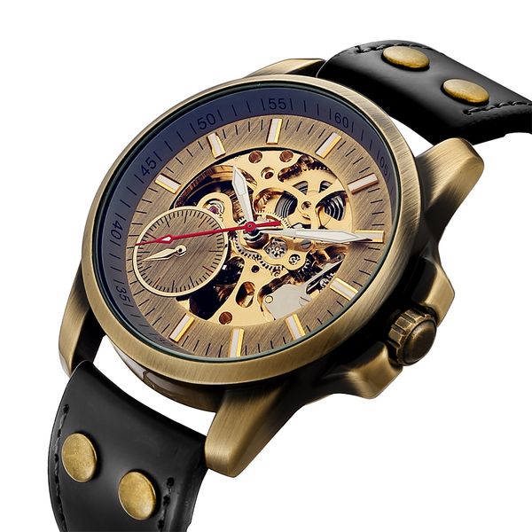 

retro band bronze mechanical automatic watch men skeleton roman numbers analog leather band wind up wrist watches, Slivery;brown