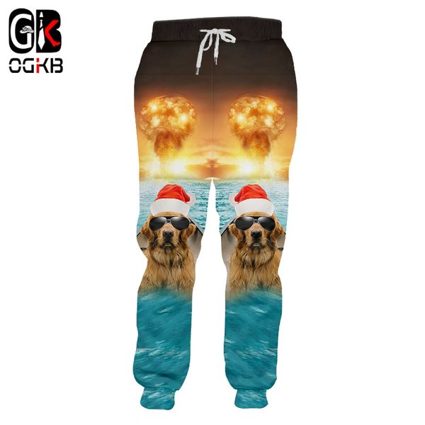 

ogkb christmas man 3d printed fish and sunglasses dog pants personality explosion background spandex sweatpants, Black