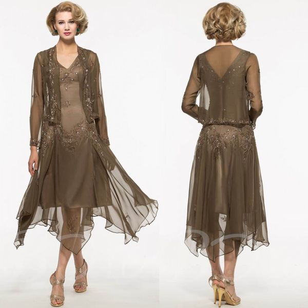 

modest rhinestones beaded mother of the bride dresses with jackets v neck evening gowns appliqued chiffon tea length wedding guest dress, Black;red