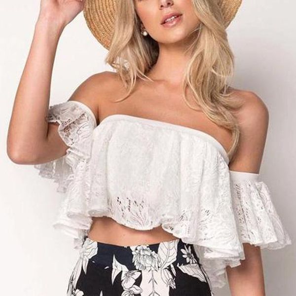 

new women ladies fringe summer loose off shoulder lacework clubwear short crop casual, White