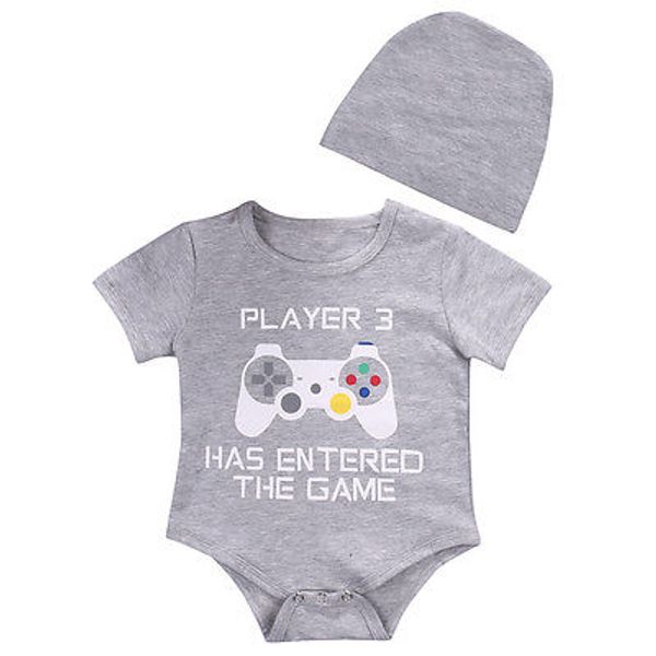 

cute infant newborn baby boy girl hat bodysuit jumpsuit clothes outfits casual letter print gray bodysuit, Blue