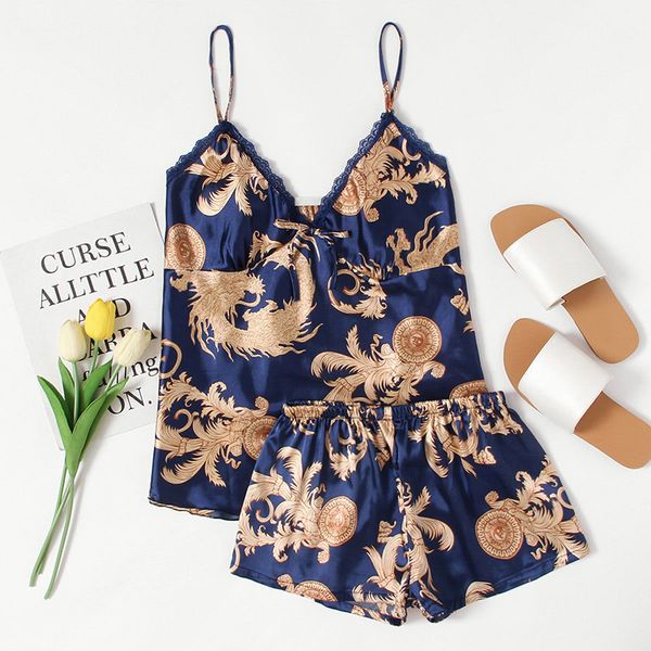 

цветочный принт атласная пижама набор 2018 v шеи спагетти ремень рукавов пижамы женщины сексуальная зима пижамы набор элегантный пижамы, Blue;gray