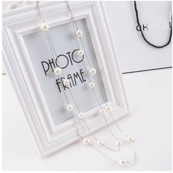

korean multi-storey fashion double-deck pearl sweater chain length fund decoration necklace, Silver