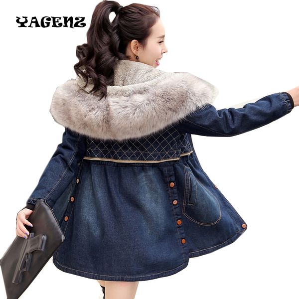 

women long coat female windbreaker ladies winter plus size jacket winter women denim jacket slim fur collar hooded jeans coat, Black