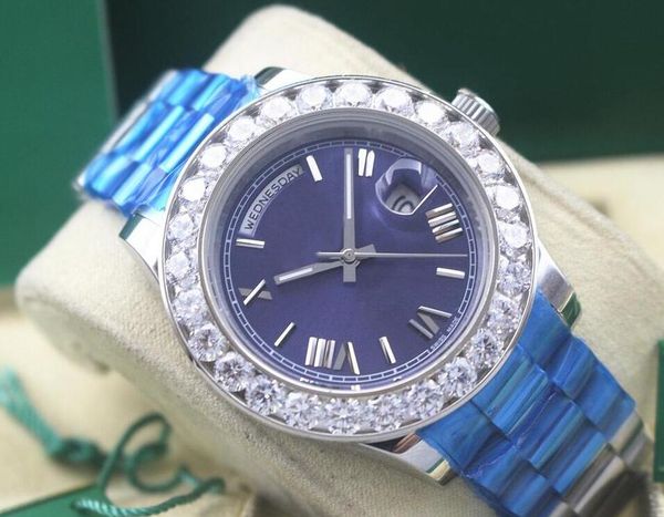 

roman dial day date 228239 big diamond bezel mens wristwatches stainless steel asia 2813 movement automatic men watch, Slivery;brown
