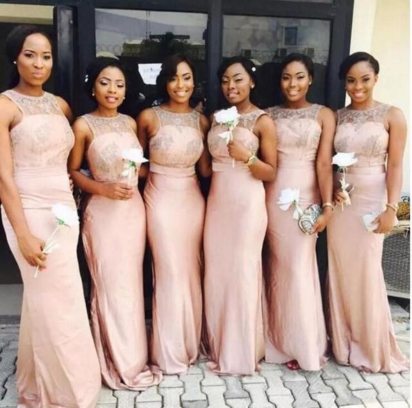 

2018 new arrival african bridesmaid dresses sheer jewel neck appliques satin mermaid wedding party dresses robe de soiree, White;pink