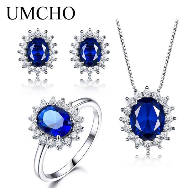

umcho 925 sterling silver jewelry set nano blue sapphire ring pendant stud earrings for women fine jewelry quality, Black
