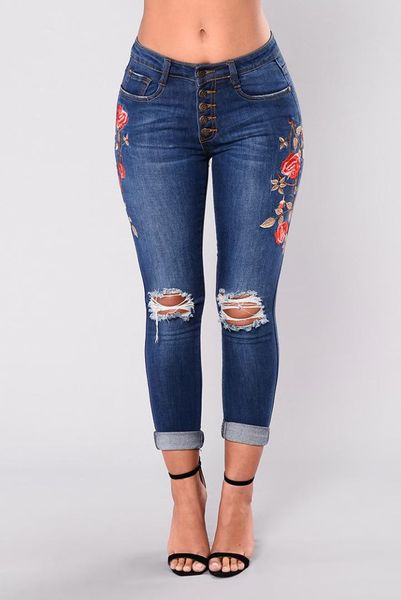 

2018 autumn women stretch high waist skinny floral embroidery hole jeans print denim pants women pencil pant plus size, Blue
