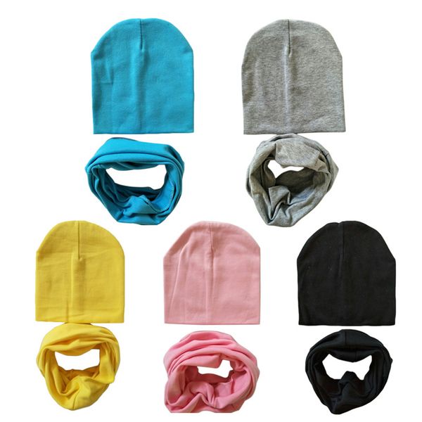 

1 set coon baby hat scarf solid color children caps scarves autumn winter kids boys girls o ring collar beanie, Yellow