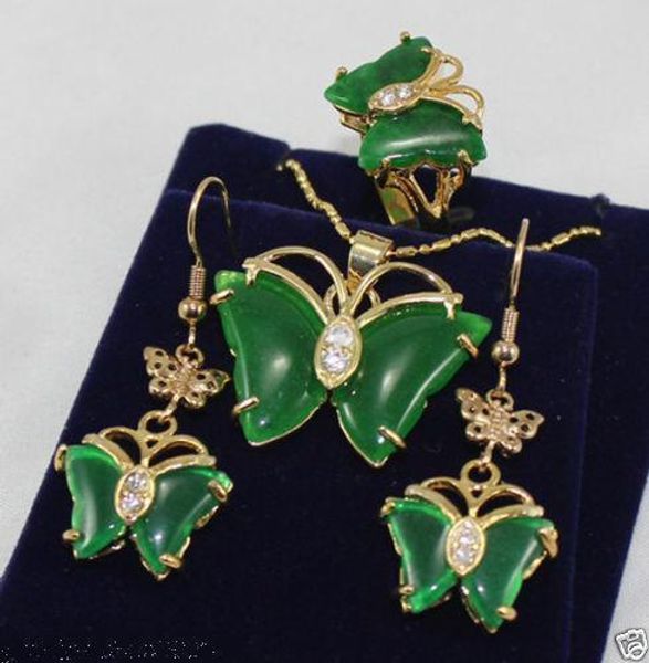

jewelry 18k gp butterfly green jade pendant necklace earrings ring set<<<ing, Black