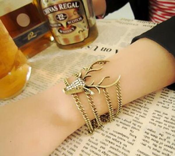 

style europe and the united states retro full diamond mysterious deer head bracelet exaggerated modelling bracelet fashion classic delic, Black