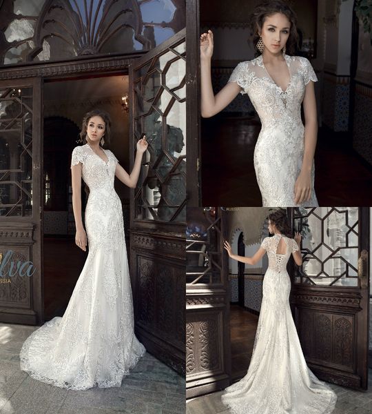 

lace-up русалка свадебные платья полые глубокий v sheer шеи с коротким рукавом свадебные платья кружева аппликации свадебное платье, White