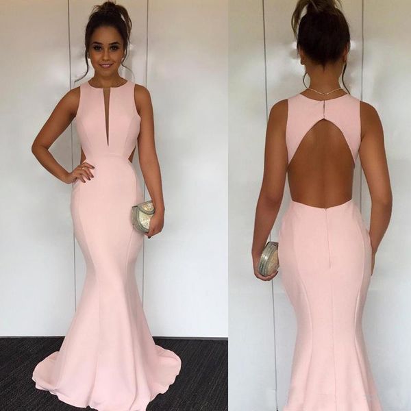 

Custom Made Pink Mermaid Evening Dresses Jewel Neck Sleeveless Satin Backless Simple Concise Evening Gowns Elegant Prom Dresses